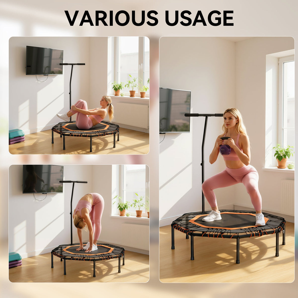 HOMCOM Fitness Trampoline with Adjustable Handle - Orange