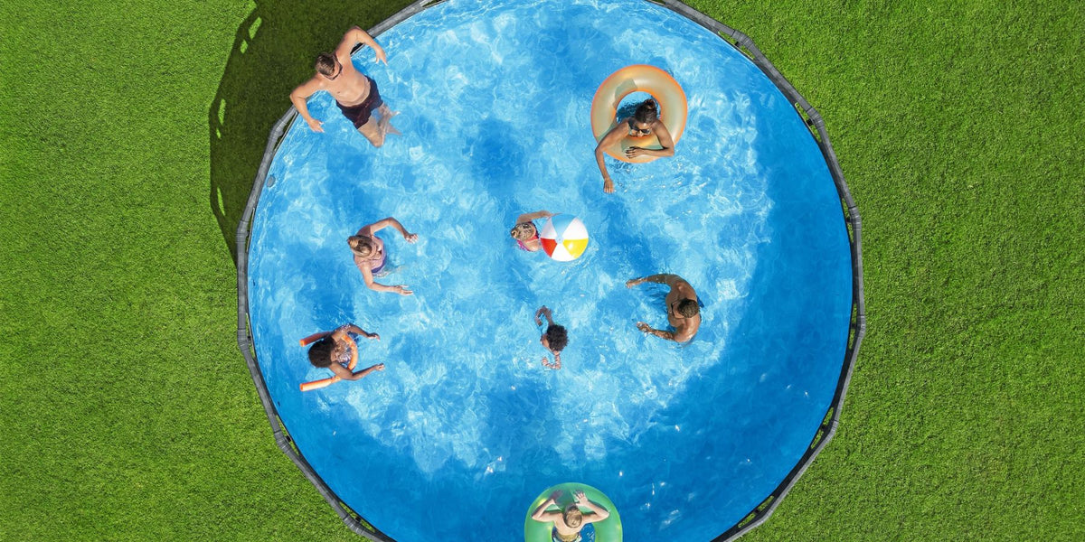 Bestway APX 365 18ft round pool top view blue marble liner