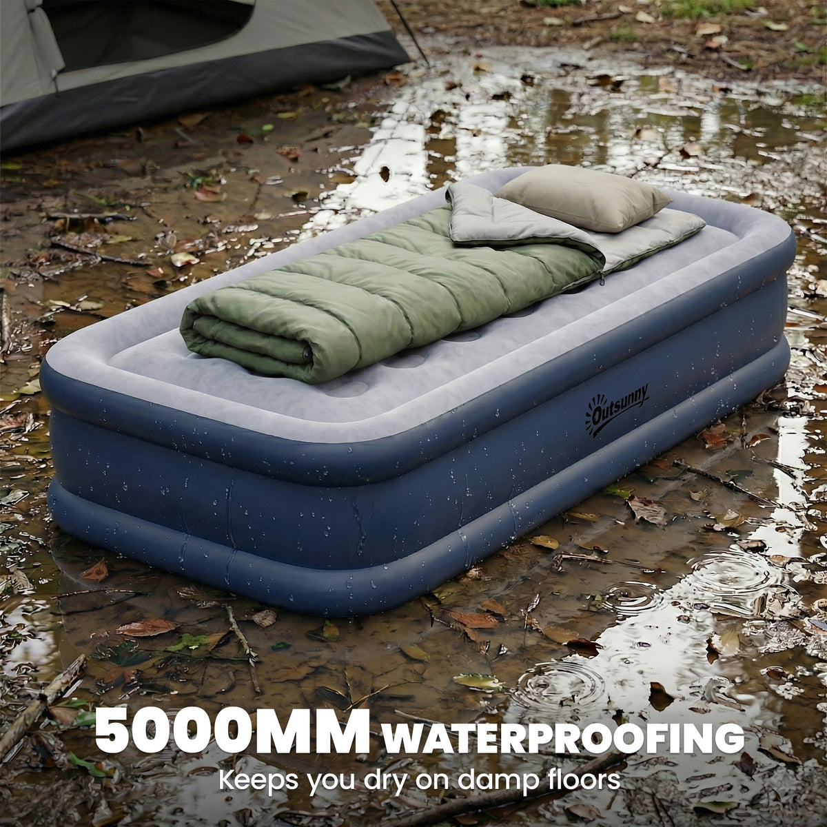 Outsunny Inflatable Mattress, Single Air Bed with Built-in Electric Pump, 3 Mins Inflation, Flocked Surface - Grey