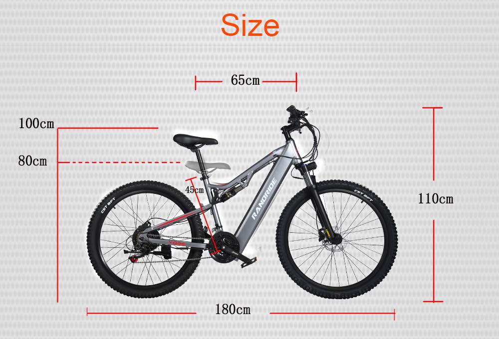 A side view of the DYU C3 Mini Electric Bike by DYU shows labeled dimensions: length 180cm, handlebar height 110cm, seat height 80–100cm, handlebar width 65cm, and seat tube length 45cm. Size appears above in orange text.