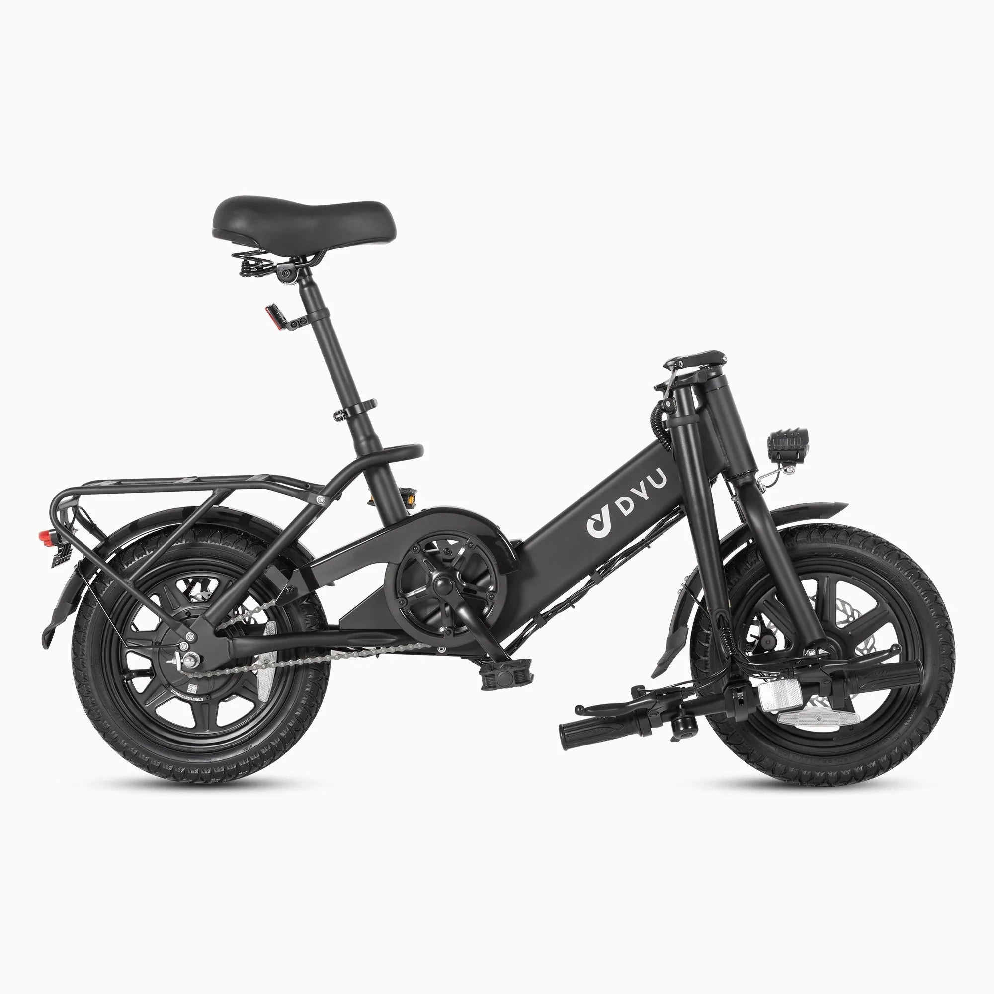 The DYU C3 Mini Electric Bike by DYU is a black foldable city e-bike with a padded seat, rear cargo rack, thick tires, and visible pedals, shown from the side on a white background—ideal for last-mile journeys.