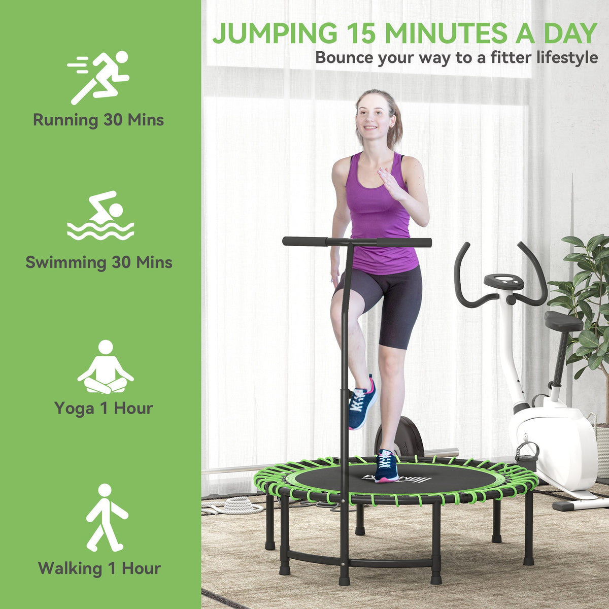 HOMCOM Mini Round Trampoline with Adjustable Handle - Green