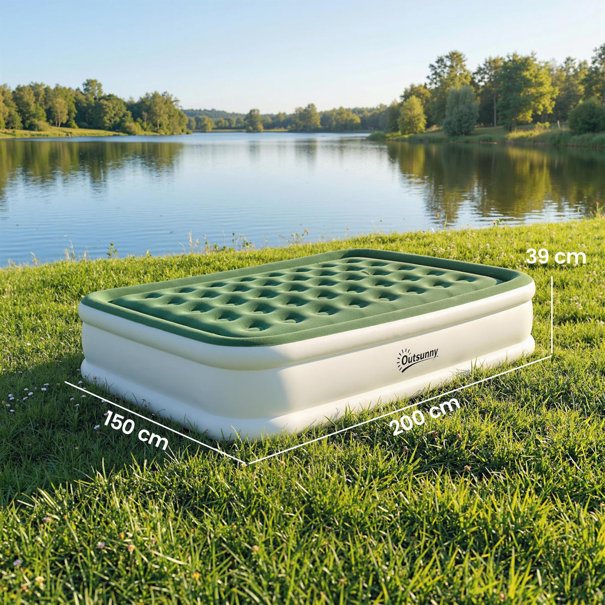 Outsunny Inflatable Mattress, Double Air Bed with Built-in Electric Pump, 3 Mins Inflation, Flocked Surface - Dark Green