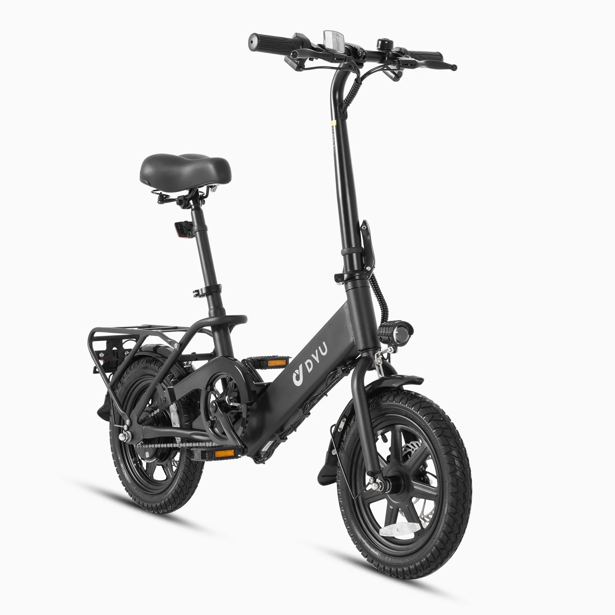 The DYU C3 Mini Electric Bike by DYU is black with a padded seat, rear rack, small wheels, front and rear lights, and a compact foldable frame—ideal for last-mile trips—displayed against a plain white background.