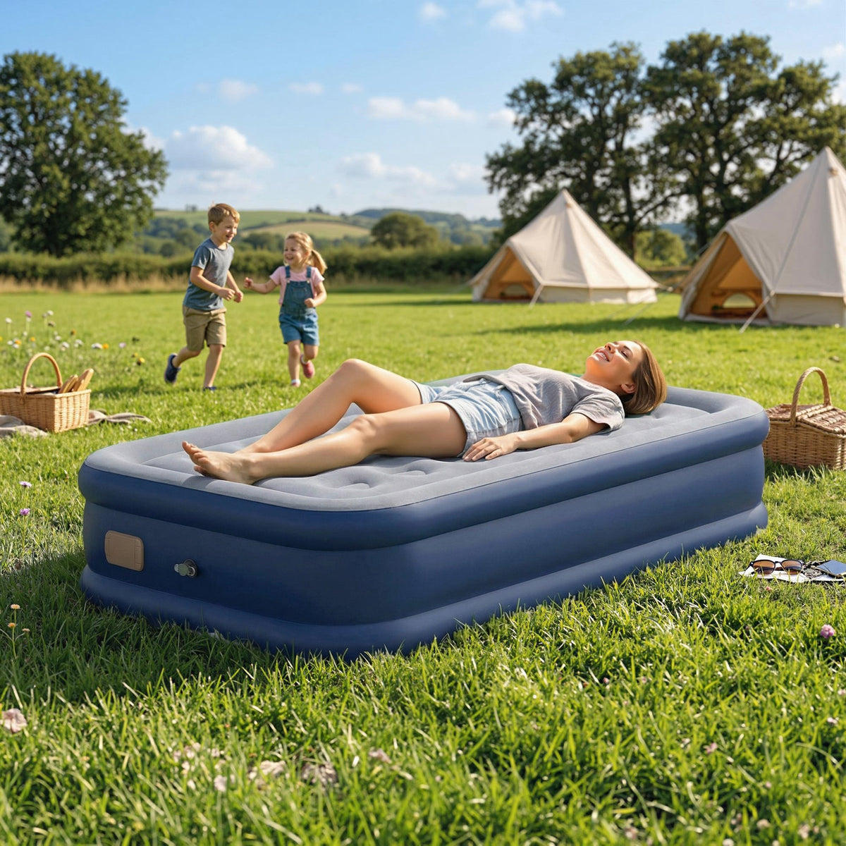 Outsunny Inflatable Mattress, Single Air Bed with Built-in Electric Pump, 3 Mins Inflation, Flocked Surface - Grey