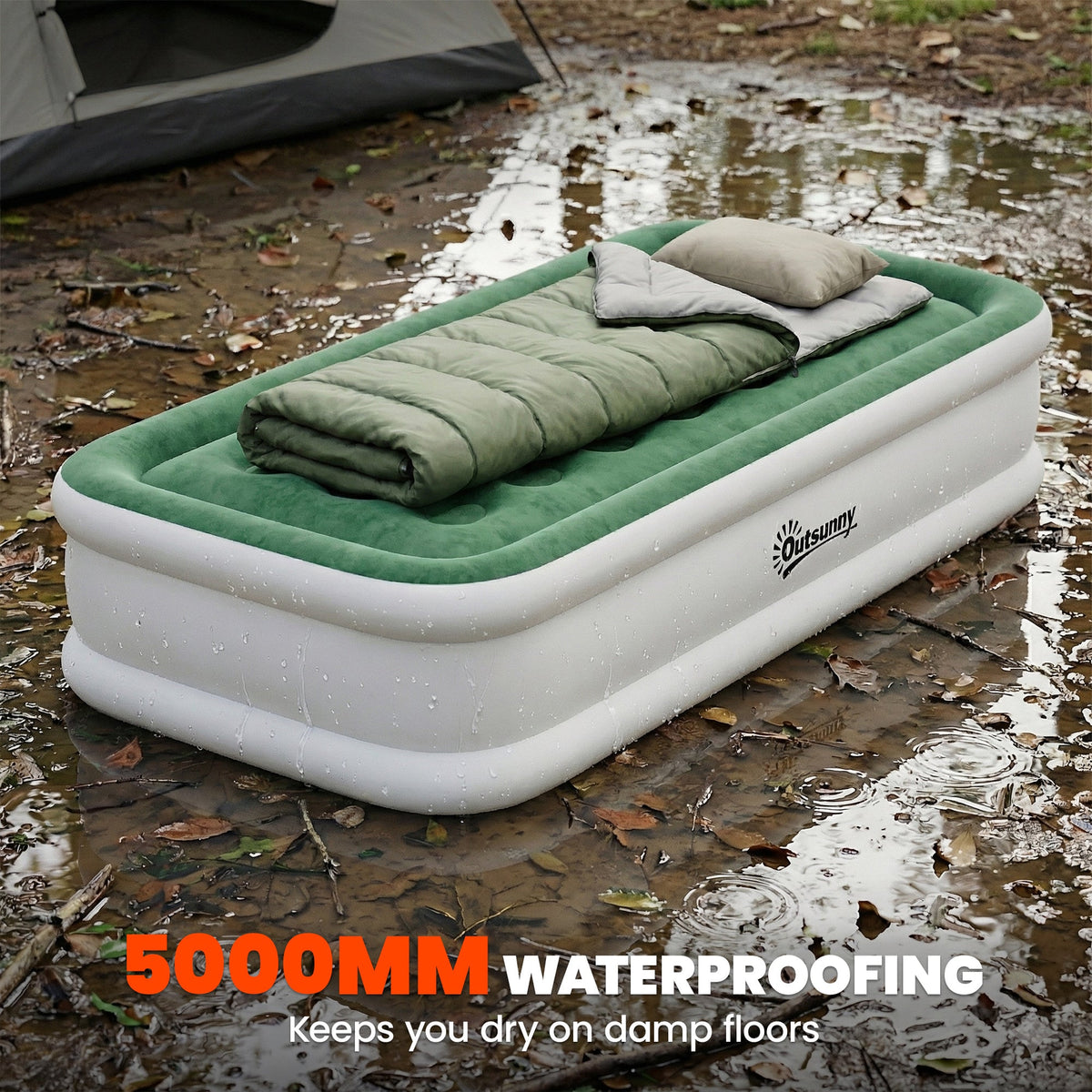 Outsunny Inflatable Mattress, Single Air Bed with Built-in Electric Pump, 3 Mins Inflation, Flocked Surface - Dark Green
