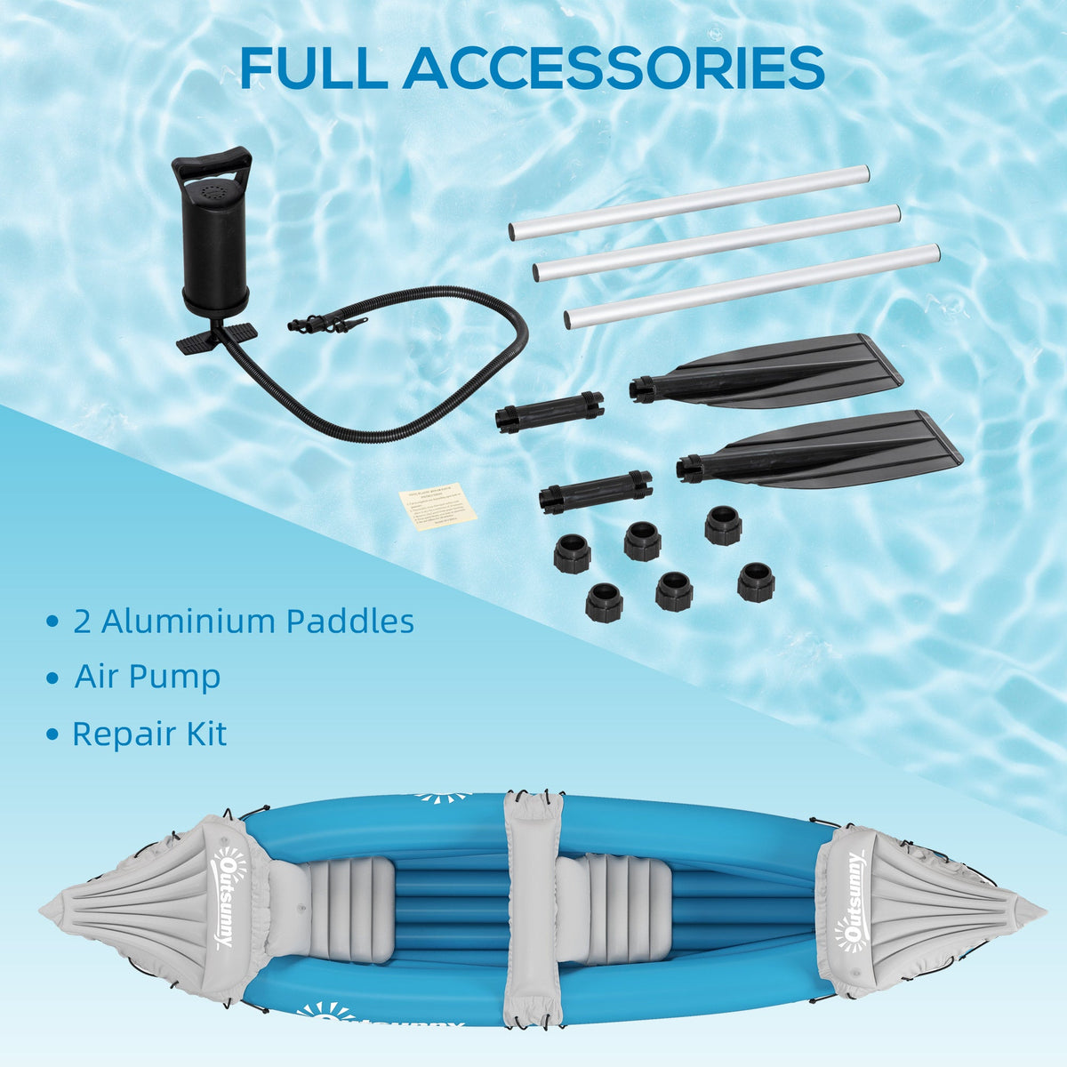Outsunny Inflatable Kayak 2-Person Inflatable Canoe Boat Set with Air Pump, Aluminium Oars, Blue, 330 x 105 x 50 cm