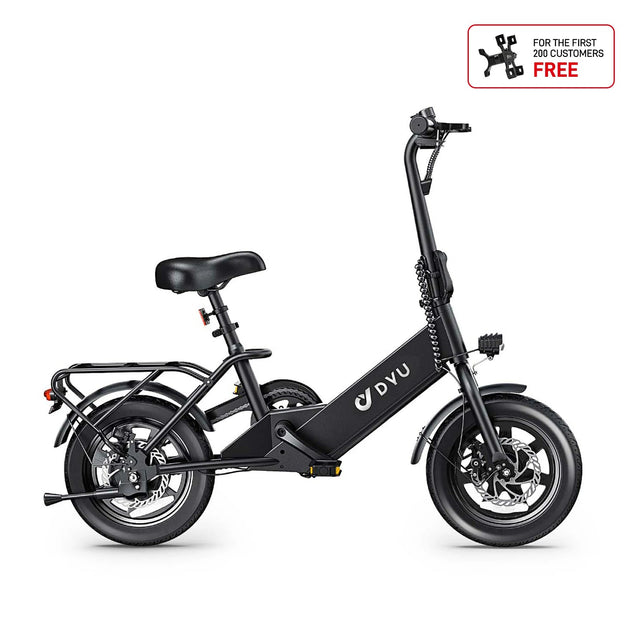 The DYU C3 Mini Electric Bike by DYU, shown in black with thick tires, rear cargo rack, front headlight, and padded seat, is displayed on a white background. An inset highlights a free gift for the first 200 buyers—ideal for last-mile travel.