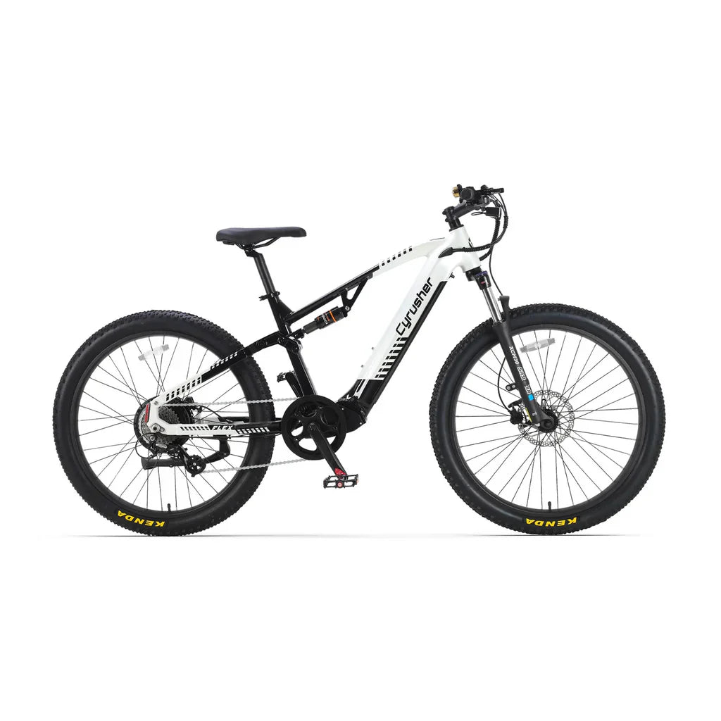 The Cyrusher Flex Electric Mountain Bike by Cyrusher, shown in side view on a white background, features a white and black folding frame, front suspension, disc brakes, and knobby Kenda tires.