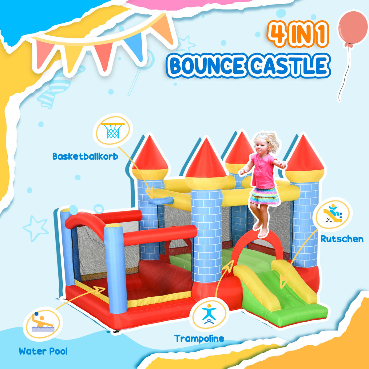 Outsunny Kids Bouncy Castle with Pool & Basket