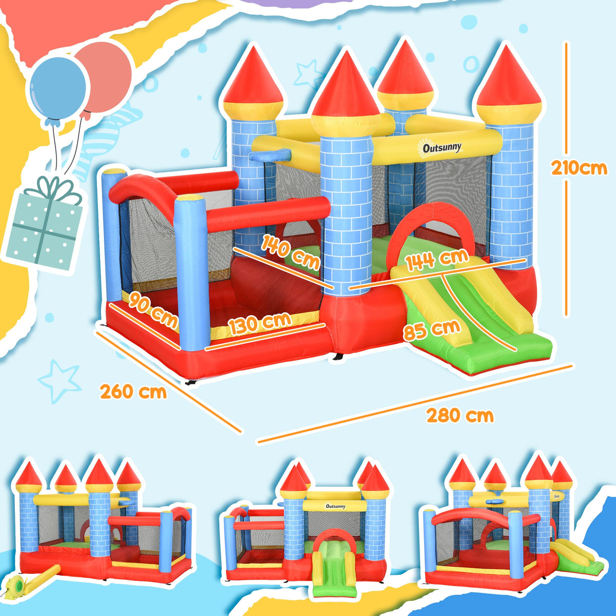 Outsunny Kids Bouncy Castle with Pool & Basket