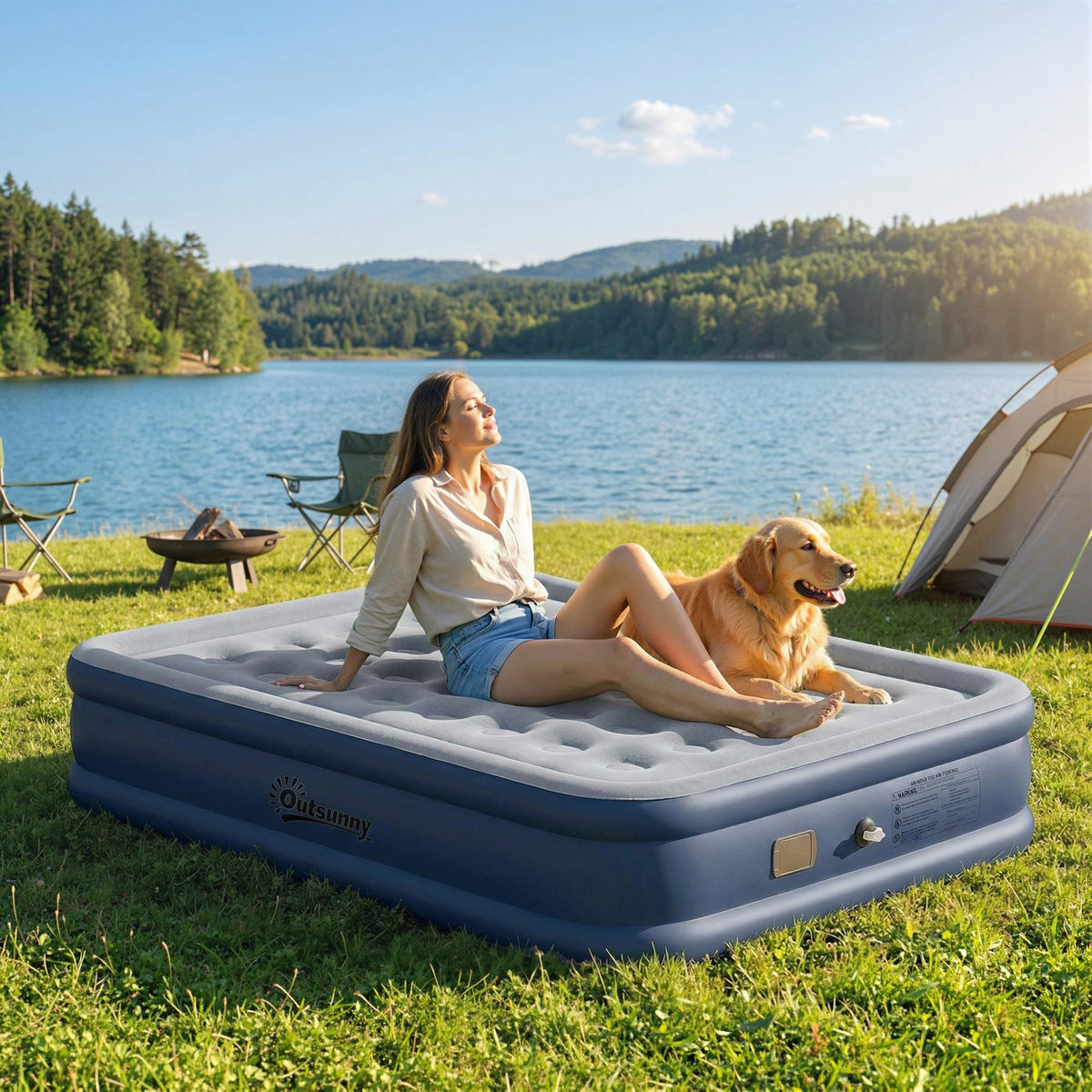 Outsunny Inflatable Mattress, Double Air Bed with Built-in Electric Pump, 3 Mins Inflation, Flocked Surface - Grey