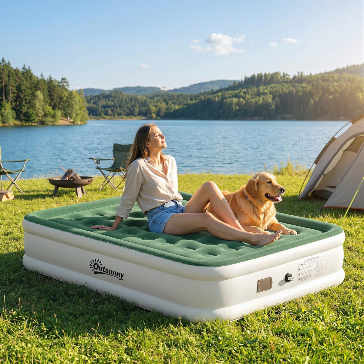 Outsunny Inflatable Mattress, Double Air Bed with Built-in Electric Pump, 3 Mins Inflation, Flocked Surface - Dark Green