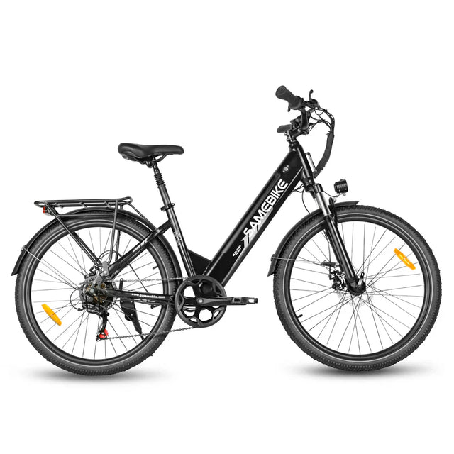 A black Samebike RS-A01 PRO 26" 250W electric bike with step-through frame, front suspension, rear rack, and fenders is shown side-on against a white background—an ideal UK eBike for daily commutes.