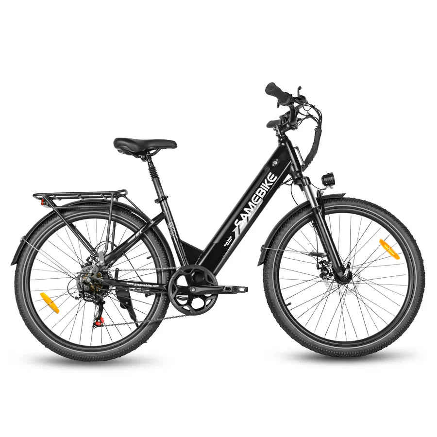 A black Samebike RS-A01 PRO 26" 250W electric bike with step-through frame, front suspension, rear rack, and fenders is shown side-on against a white background—an ideal UK eBike for daily commutes.