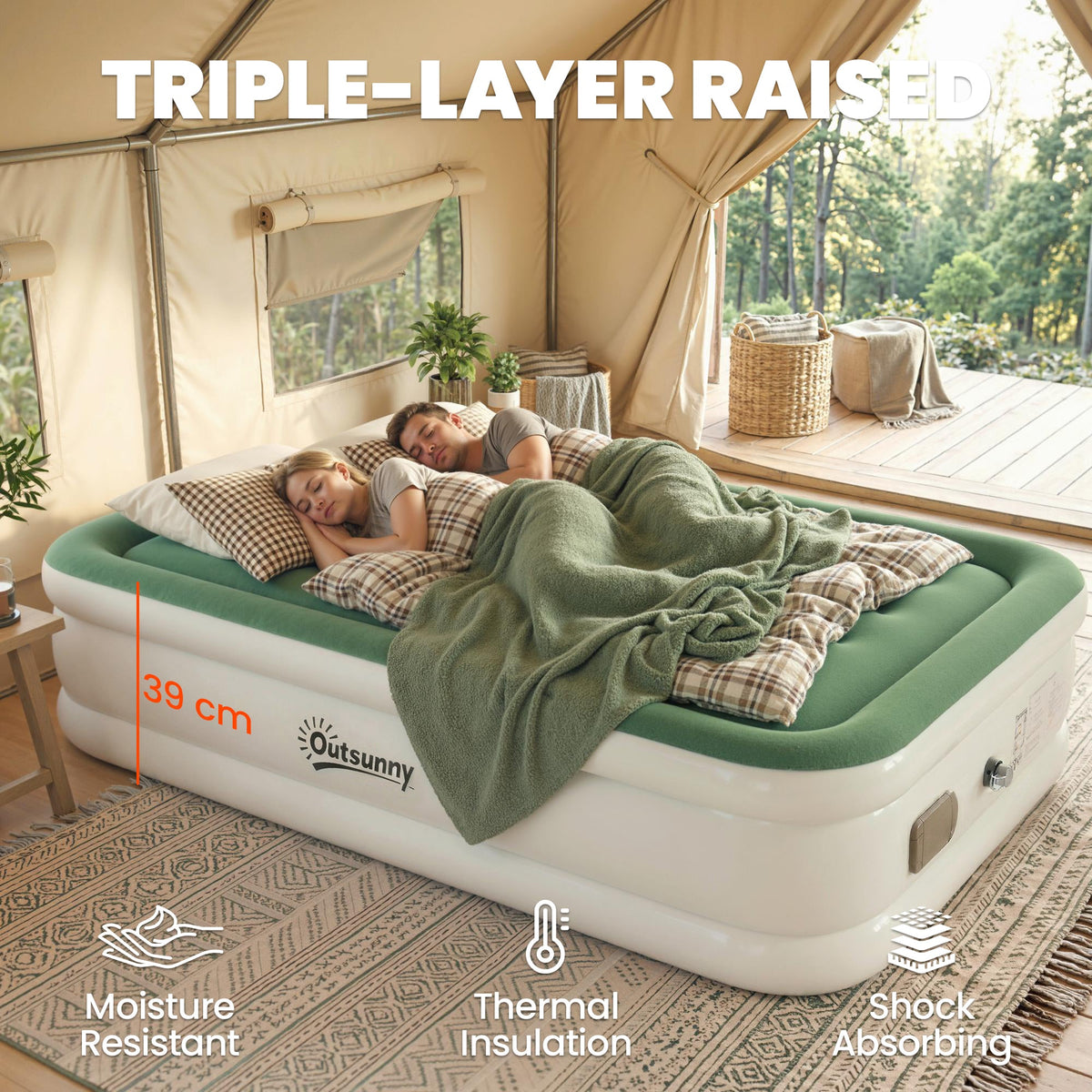 Outsunny Inflatable Mattress, Double Air Bed with Built-in Electric Pump, 3 Mins Inflation, Flocked Surface - Dark Green