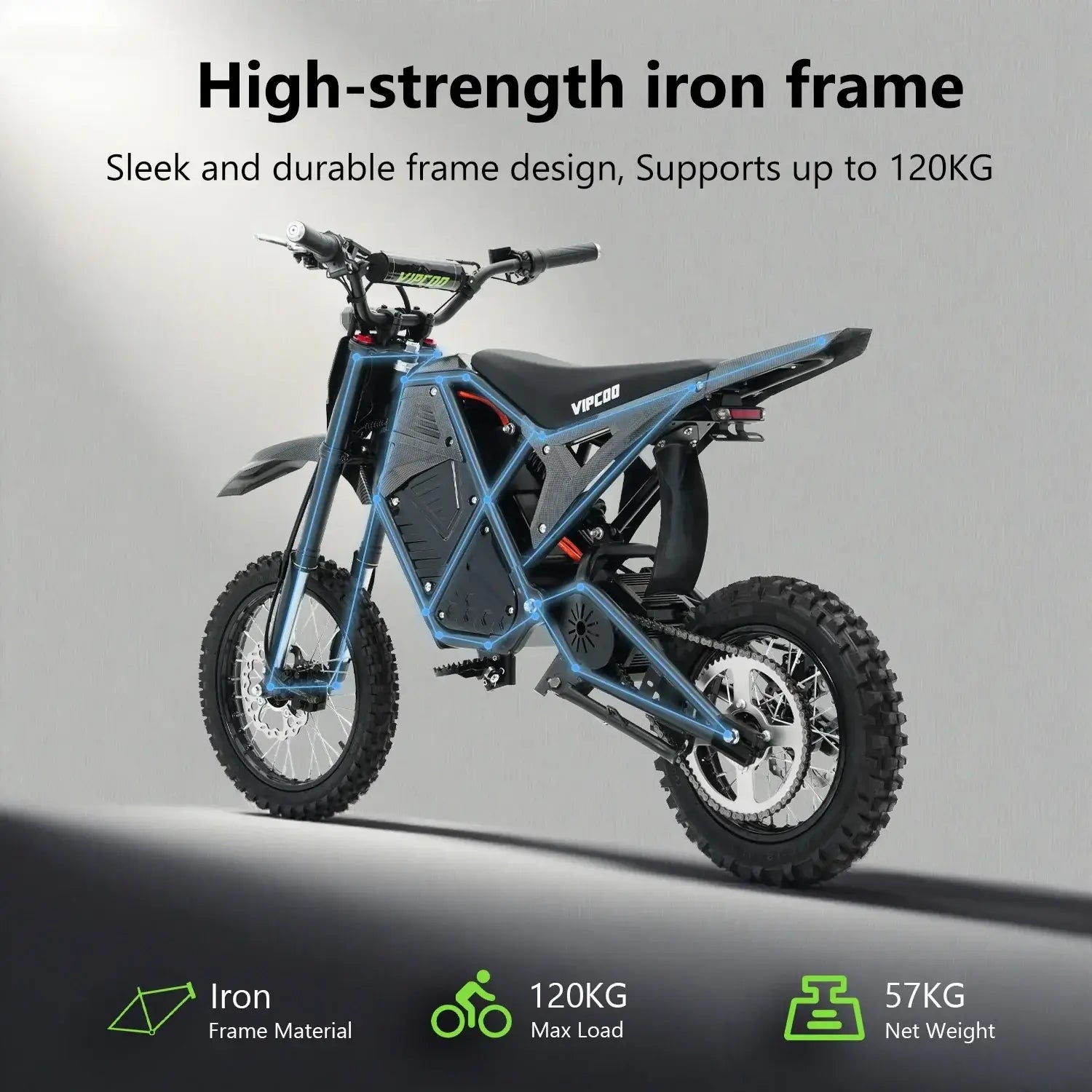 The VIPCOO H3 Electric Dirt Bike by Vipcoo is a blue and black full-suspension model with a high-strength iron frame, shown from the side. Key features: iron material, 120kg max load, 57kg net weight, combining sleek style and durability.