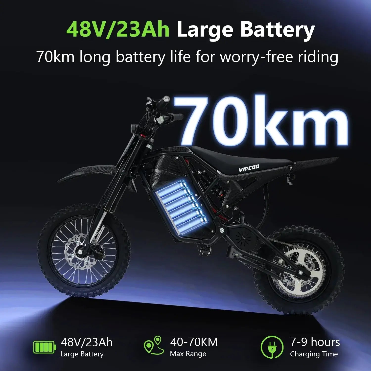 The VIPCOO H3 Electric Dirt Bike by Vipcoo is shown with its 48V/23Ah large battery highlighted, offering a 40-70km range and 7-9 hours charging time—perfect for off-road adventures. Icons display battery life and max range.