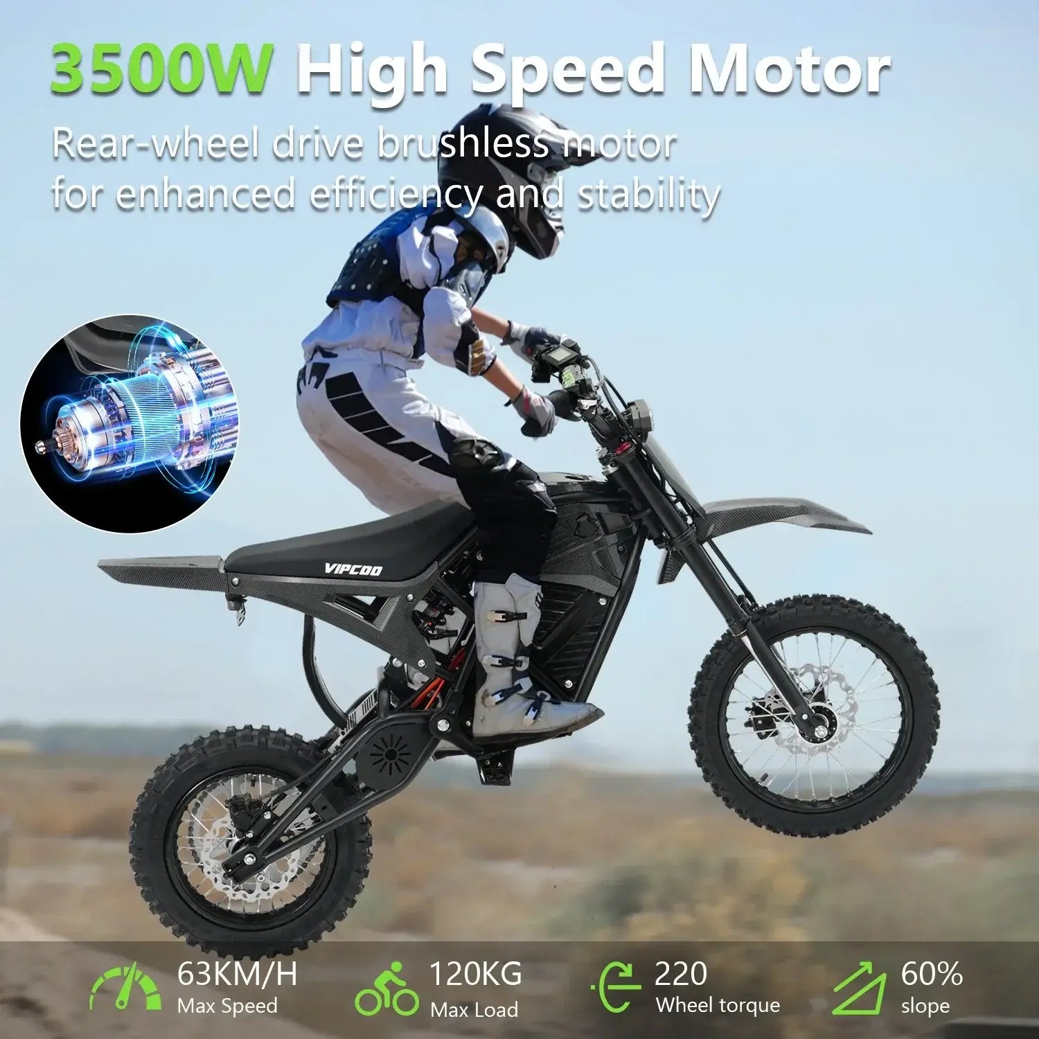 A rider in gear jumps the VIPCOO H3 Electric Dirt Bike by Vipcoo, featuring a 3500W high-speed motor, max speed 63km/h, full suspension, 220N·m torque, max load 120kg, and 60% slope climbing ability.