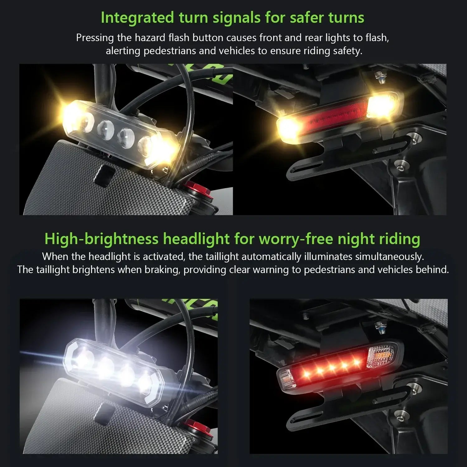 Image features the VIPCOO H3 Electric Dirt Bike by Vipcoo with integrated LED turn signals, a high-brightness headlight, and taillight, offering enhanced safety for night riding. Captions highlight these advanced lighting features.