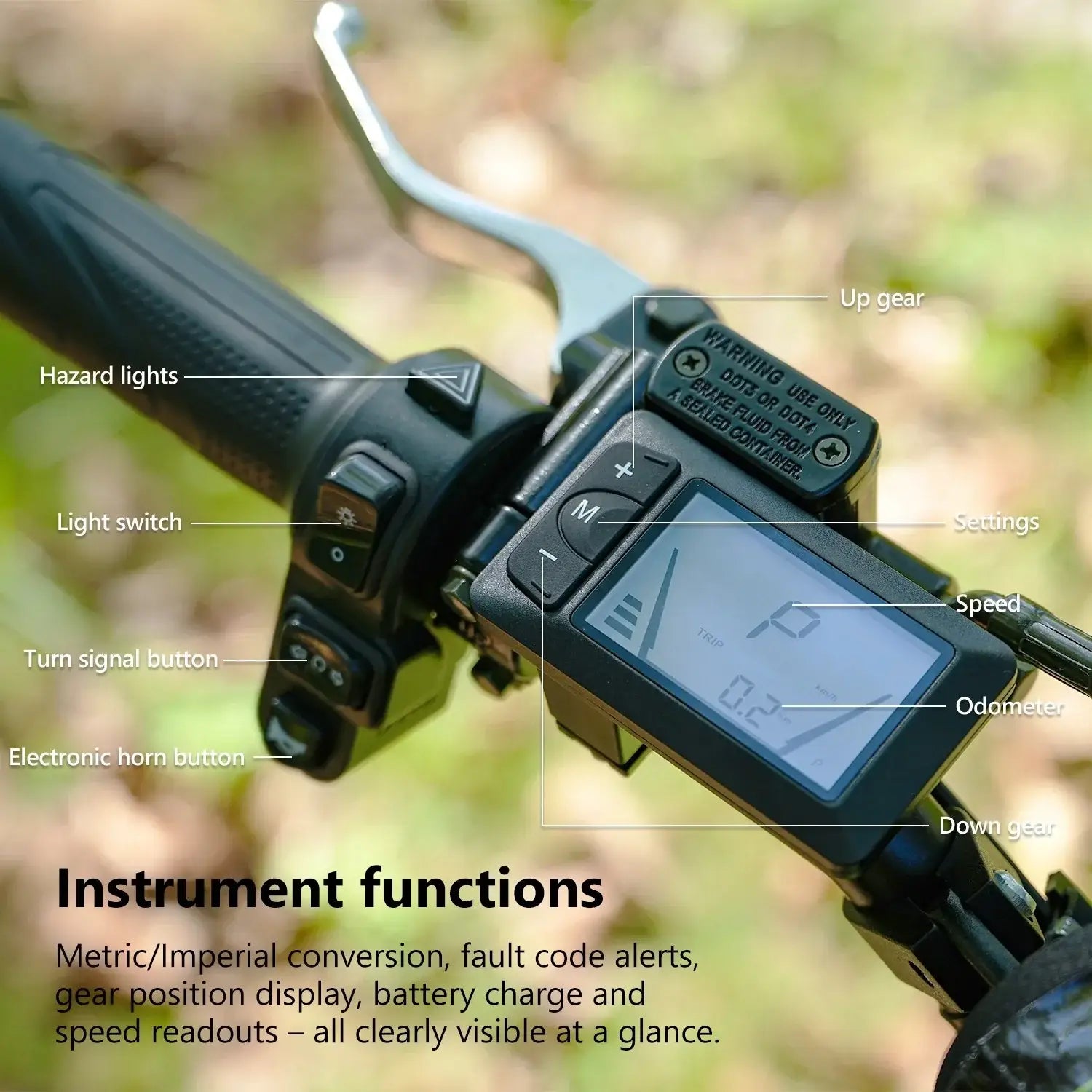 Close-up of the VIPCOO H3 Electric Dirt Bike handlebar by Vipcoo, featuring labeled controls—hazard lights, headlight, turn signal, electronic horn, gear shift, settings—and a digital display showing speed and odometer.