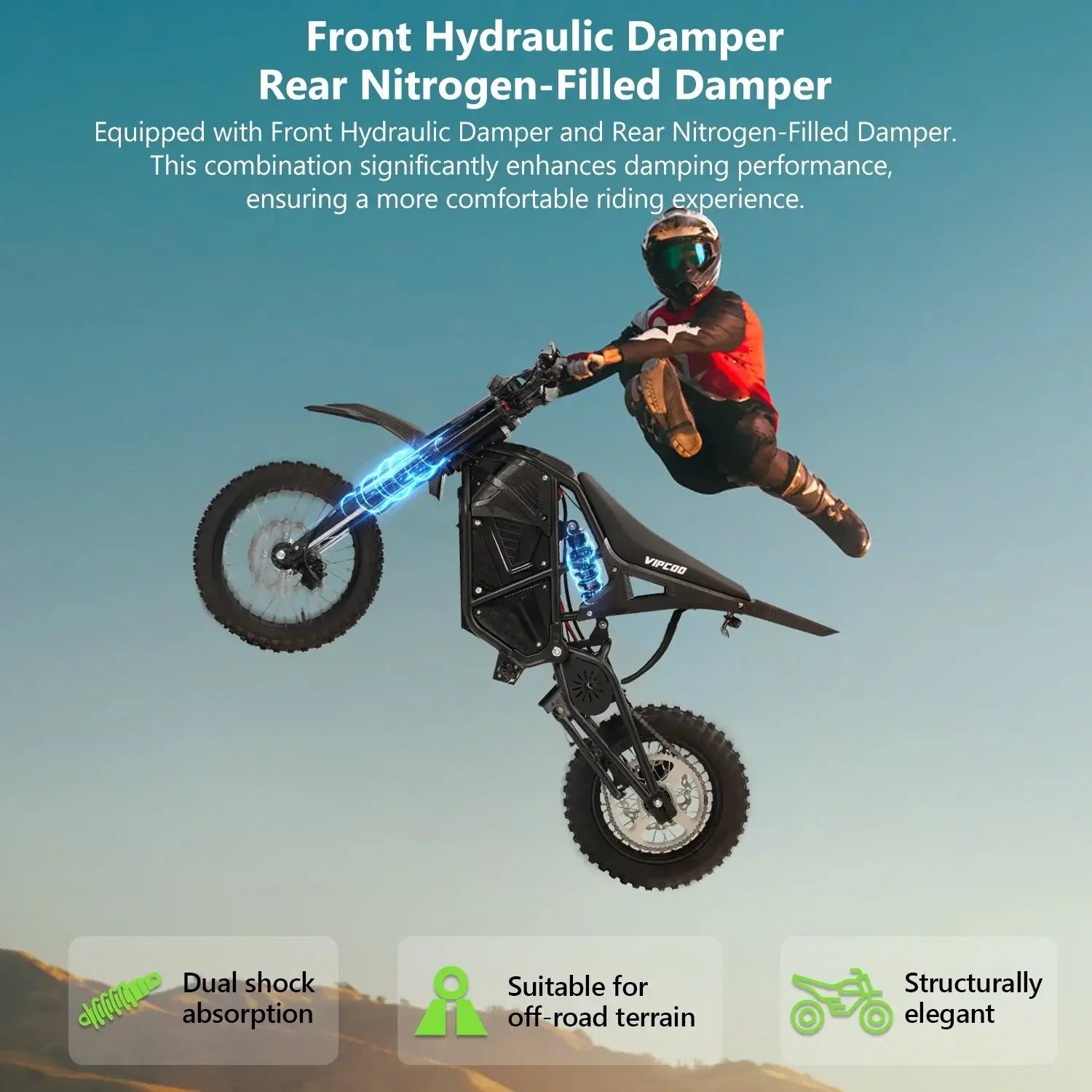 A motorcyclist performs a mid-air trick on the VIPCOO H3 Electric Dirt Bike by Vipcoo, featuring full suspension with front hydraulic and rear nitrogen-filled dampers, dual shock absorption, off-road capability, and elegant design.