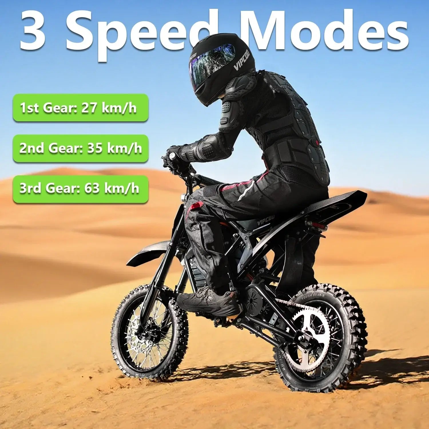 A rider in black gear and helmet rides the Vipcoo VIPCOO H3 Electric Dirt Bike with full suspension on sand dunes. Text above shows 3 speed modes: Gear 1—27 km/h, Gear 2—35 km/h, Gear 3—63 km/h.