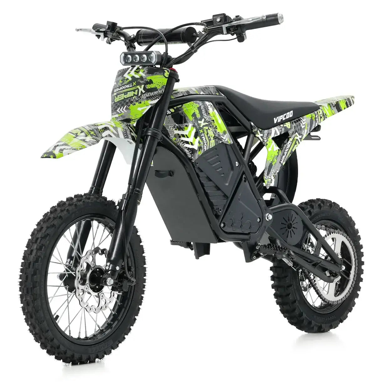 The VIPCOO H3 Electric Dirt Bike by Vipcoo, featuring a green, black, and white design, knobby tires, full suspension, and bold graphics, is shown from a front-side angle against a white background.