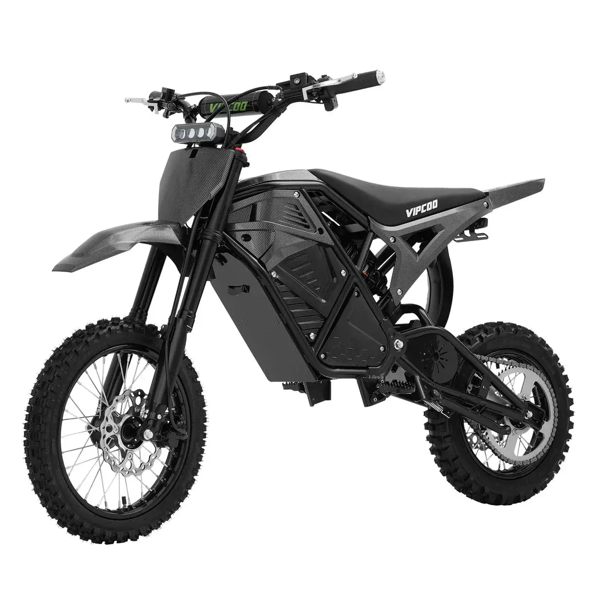 The VIPCOO H3 Electric Dirt Bike by Vipcoo is shown from the side, featuring a black frame, knobby tires, full suspension, angular panels, minimal seat, LED headlight, exposed frame, and Vipcoo branding.