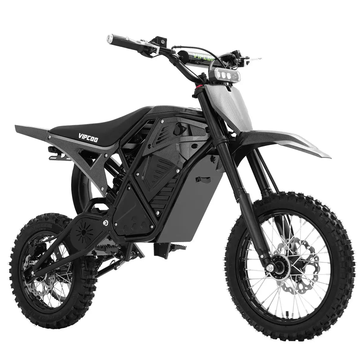 The VIPCOO H3 Electric Dirt Bike by Vipcoo, in black and gray with knobby tires, disc brakes, and a sturdy frame, is shown from a low front-side angle against a white background.