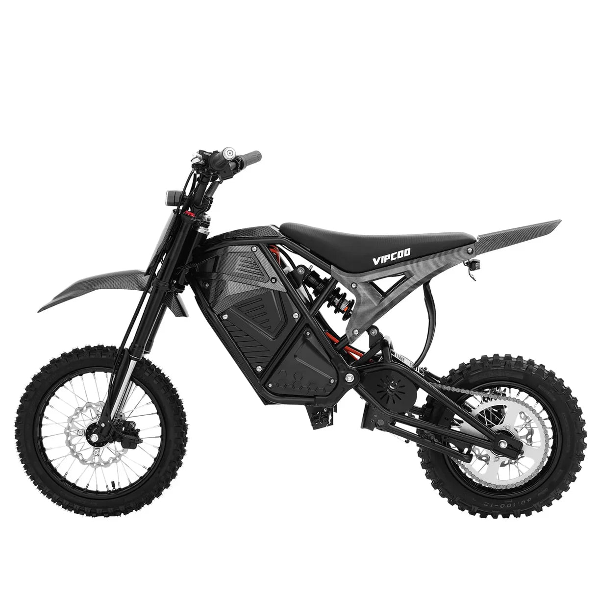 The VIPCOO H3 Electric Dirt Bike by Vipcoo is a black, high-performance e-bike with off-road tires, full suspension, and a sturdy frame. It’s shown from the side on a white background, with "Vipcoo" displayed on the seat.