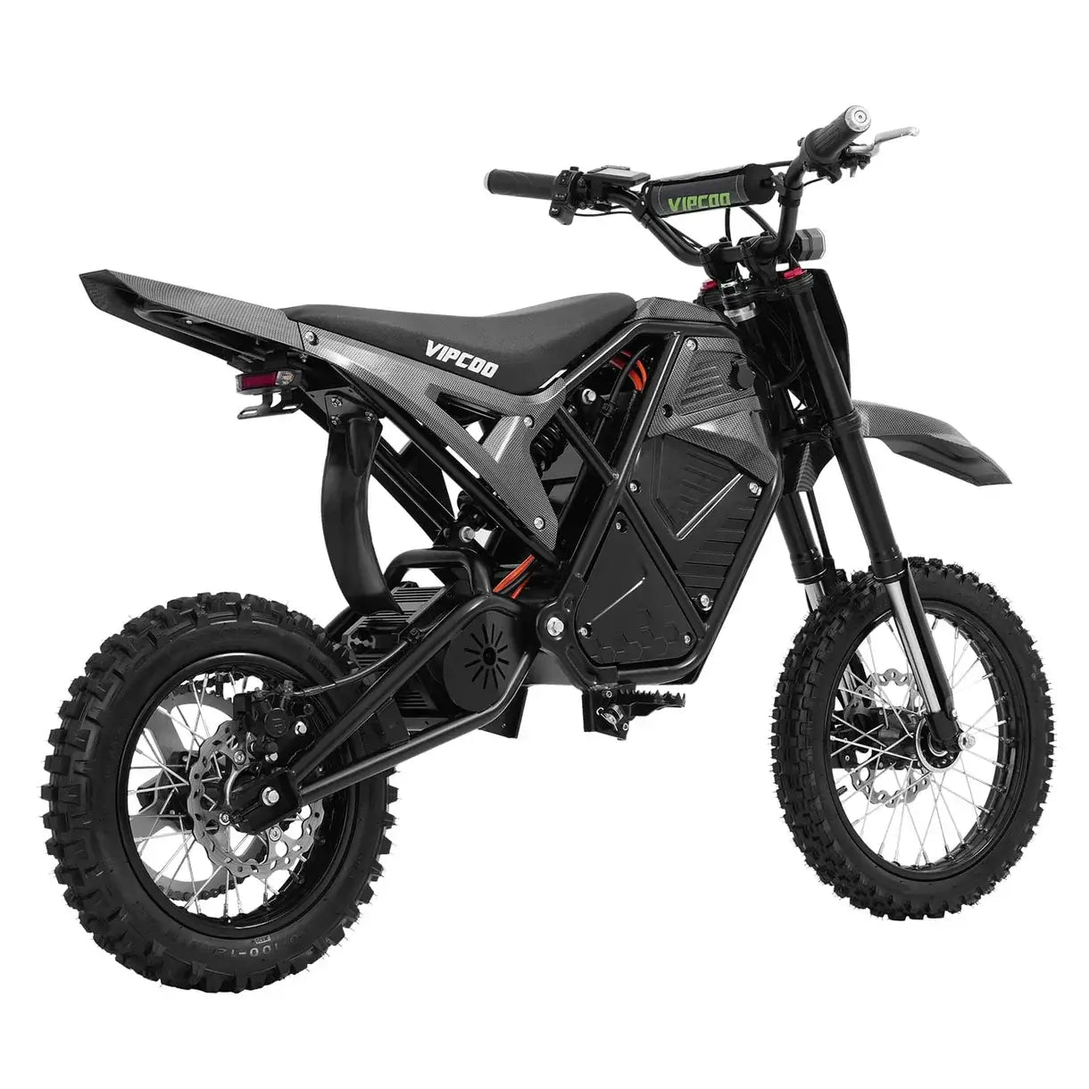 The VIPCOO H3 Electric Dirt Bike by Vipcoo is a black off-road e-bike with rugged tires, an angular frame, full suspension, and Vipcoo branding on the seat and handlebar, shown against a white background.