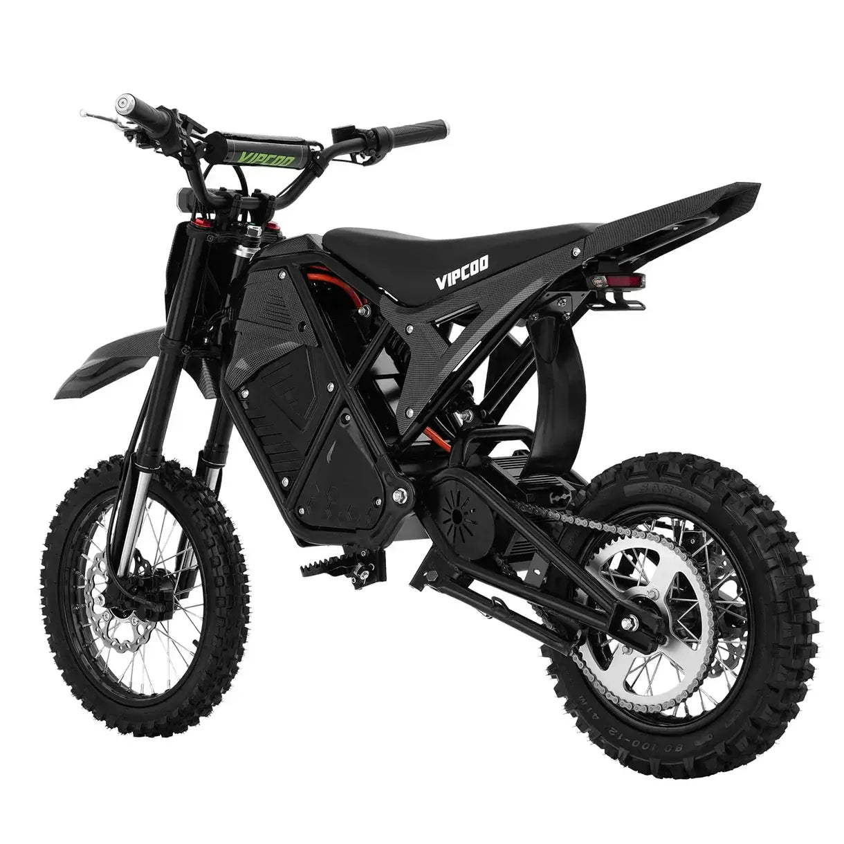 A side view of the Vipcoo VIPCOO H3 Electric Dirt Bike in black, featuring rugged tires, a compact frame, full suspension, and a visible battery compartment against a white background.