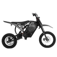 Side view of a black Vipcoo H3 Electric Dirt Bike, featuring rugged tires, full suspension, and "Vipcoo" branding on the seat and battery area, ideal for off-road trails or adventure riding.