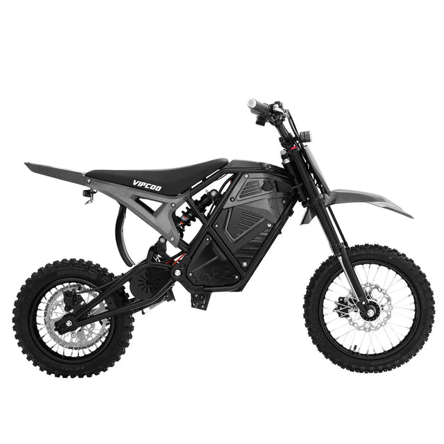 Side view of a black Vipcoo H3 Electric Dirt Bike, featuring rugged tires, full suspension, and "Vipcoo" branding on the seat and battery area, ideal for off-road trails or adventure riding.