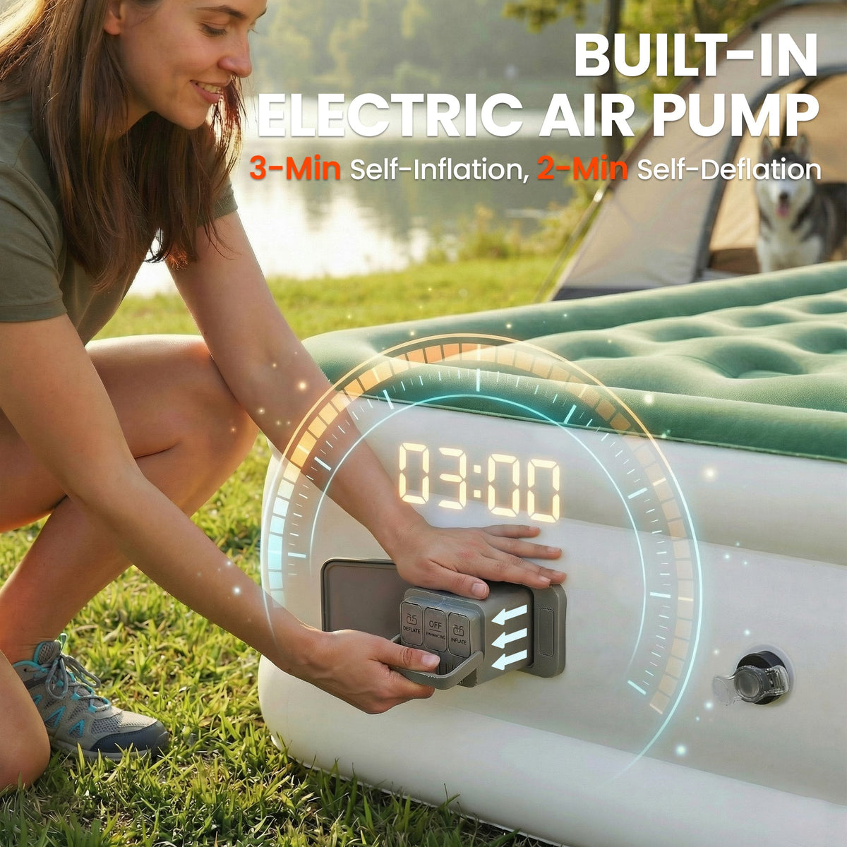 Outsunny Inflatable Mattress, Double Air Bed with Built-in Electric Pump, 3 Mins Inflation, Flocked Surface - Dark Green