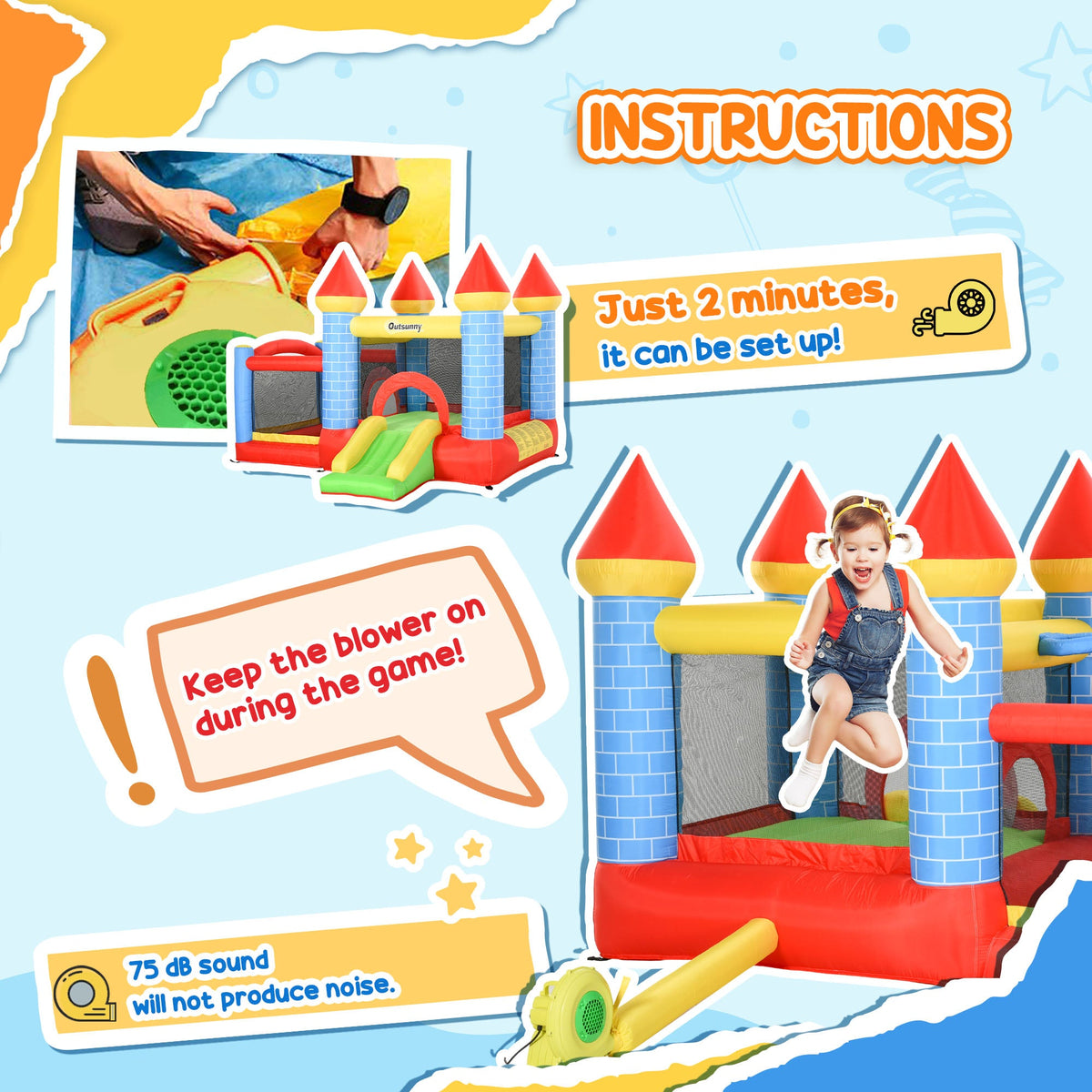 Outsunny Kids Bouncy Castle with Pool & Basket