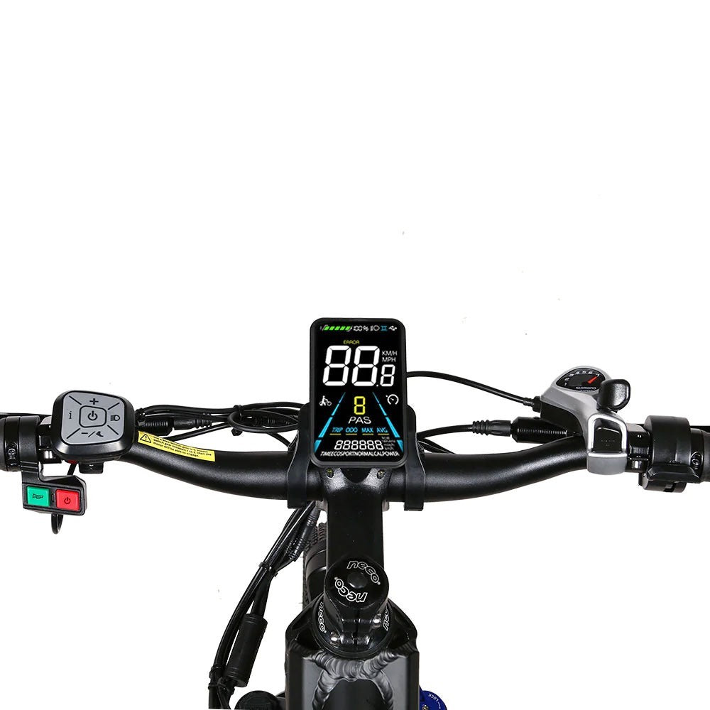 The image shows the handlebars of the Samebike XD26-II Electric Bike 250W 48V 15AH, featuring a central digital display, control buttons on the left, and a throttle plus brake lever on the right, set against a white background.