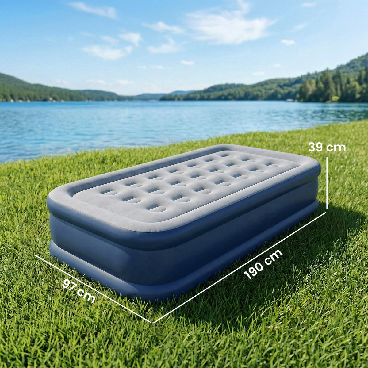 Outsunny Inflatable Mattress, Single Air Bed with Built-in Electric Pump, 3 Mins Inflation, Flocked Surface - Grey