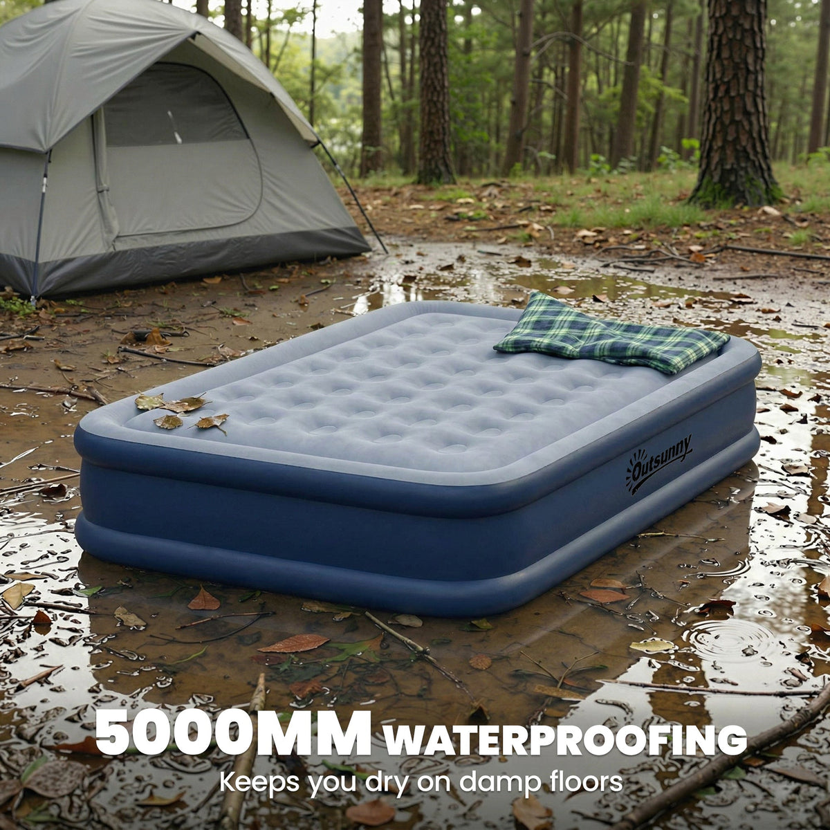 Outsunny Inflatable Mattress, Double Air Bed with Built-in Electric Pump, 3 Mins Inflation, Flocked Surface - Grey