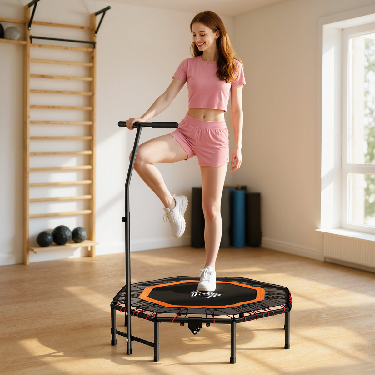 HOMCOM Fitness Trampoline with Adjustable Handle - Orange