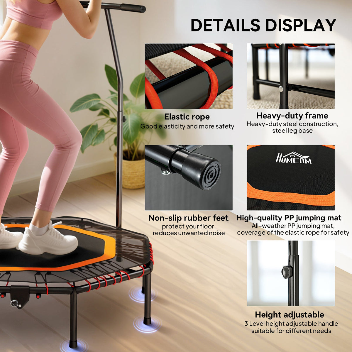 HOMCOM Fitness Trampoline with Adjustable Handle - Orange