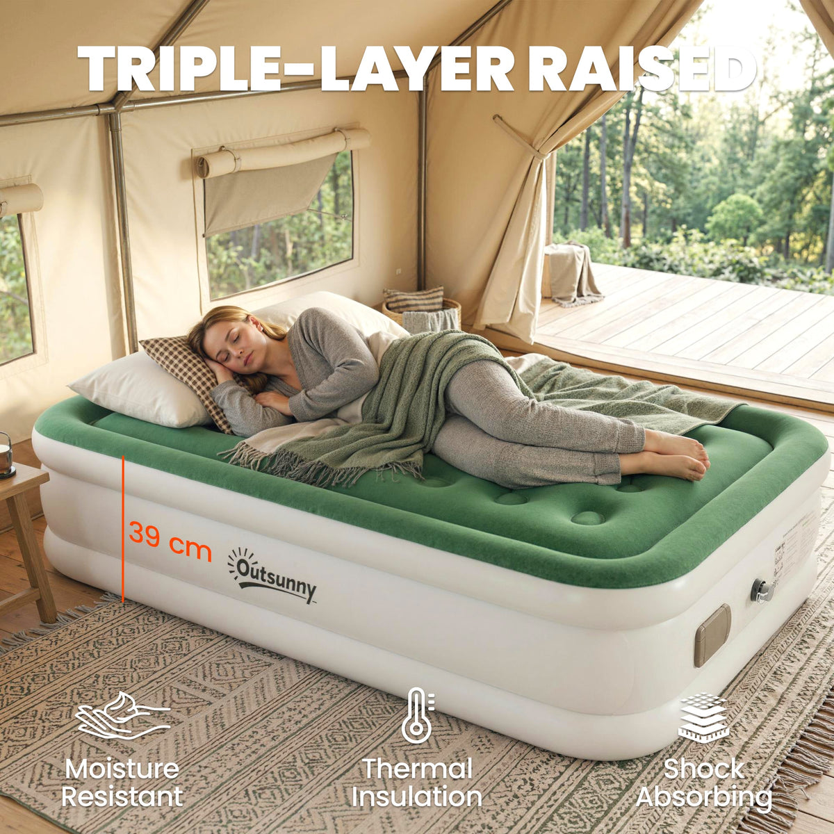 Outsunny Inflatable Mattress, Single Air Bed with Built-in Electric Pump, 3 Mins Inflation, Flocked Surface - Dark Green