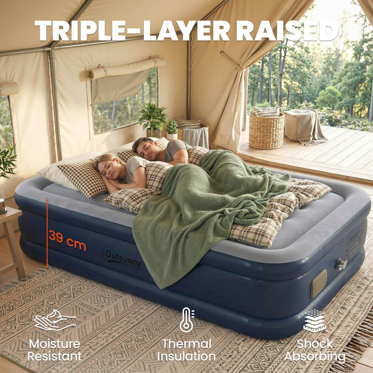 Outsunny Inflatable Mattress, Double Air Bed with Built-in Electric Pump, 3 Mins Inflation, Flocked Surface - Grey