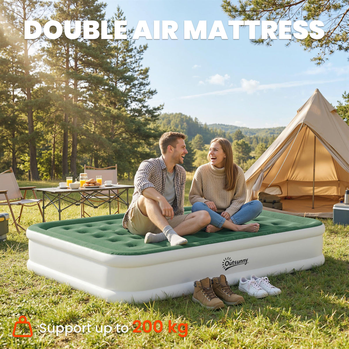 Outsunny Inflatable Mattress, Double Air Bed with Built-in Electric Pump, 3 Mins Inflation, Flocked Surface - Dark Green