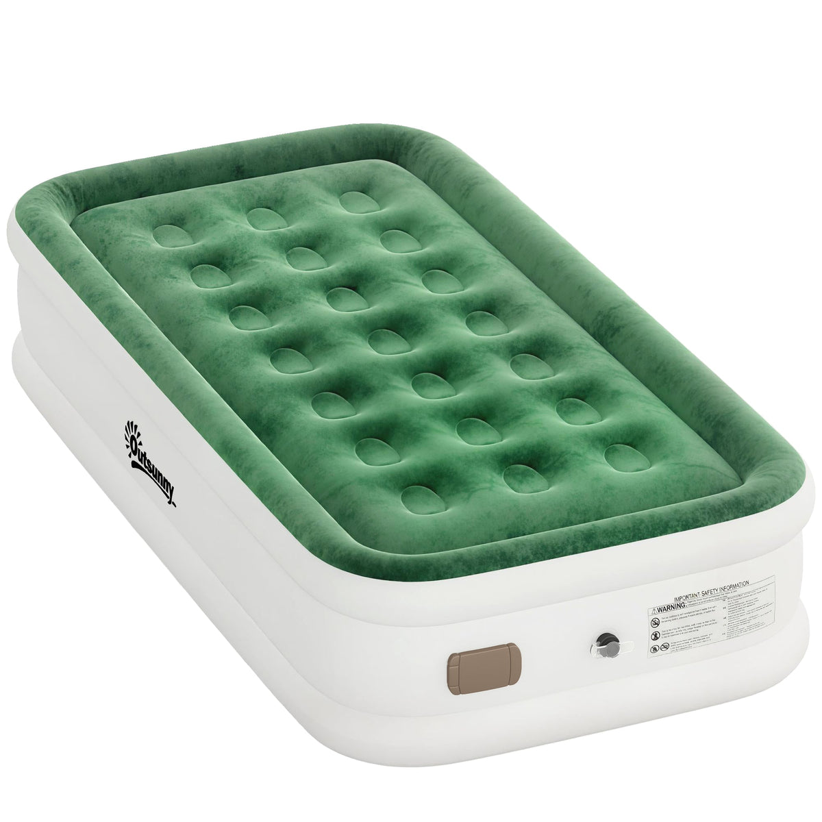 Outsunny Inflatable Mattress, Single Air Bed with Built-in Electric Pump, 3 Mins Inflation, Flocked Surface - Dark Green
