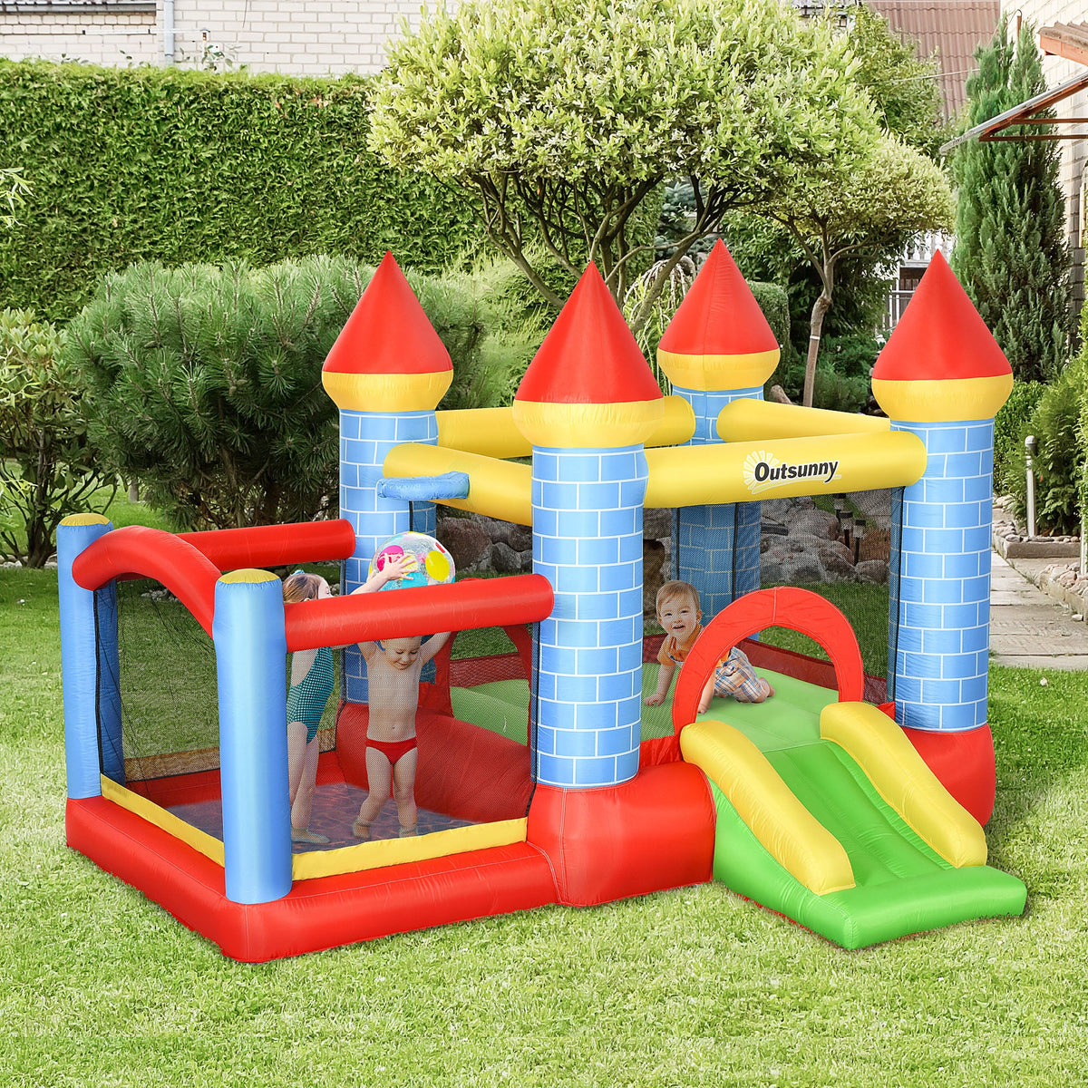 Outsunny Kids Bouncy Castle with Pool & Basket